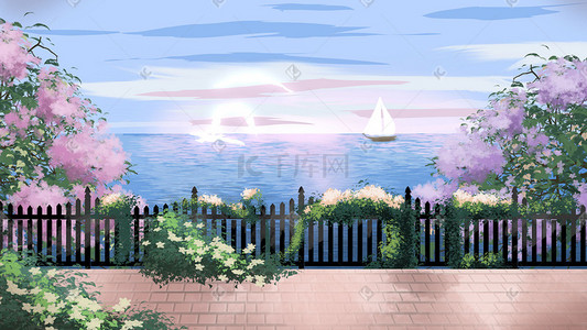 砖砌镂空栏杆插画图片_小清新夏天海边栏杆绿色植物花朵景色