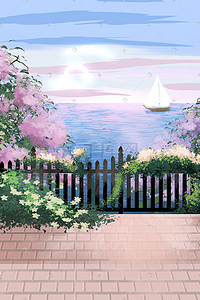 小清新夏天海边栏杆绿色植物花朵景色