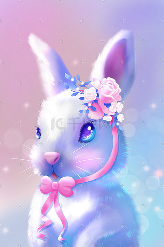 梦幻唯美治愈果冻色可爱毛绒带花兔子插画