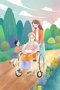 轮椅拐杖插画图片_母亲节祖孙散人散步手绘插画
