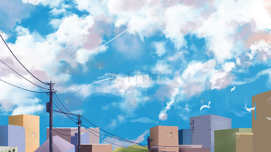 治愈系城市插画图片_唯美夏天日系城市上面的天空