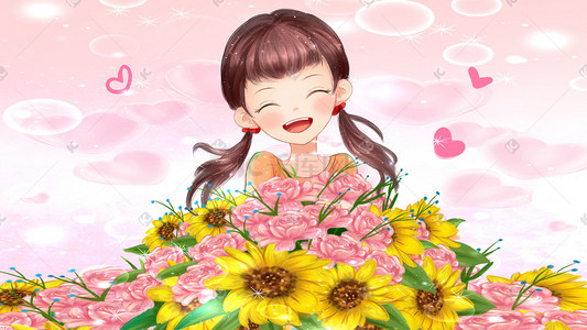 康乃馨花束插画图片_手绘母亲节送花的女孩