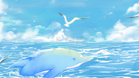 蓝色海水插画图片_蓝色唯美卡通治愈小清新自然配图