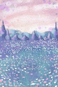 紫色花海插画图片_梦幻夏天花朵花海唯美静谧冷淡风厚涂插画