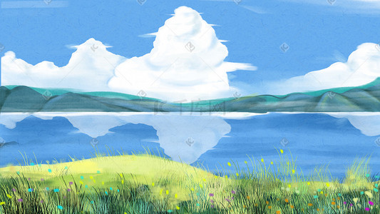 绿色风景背景图插画图片_湖边的风景插画手绘