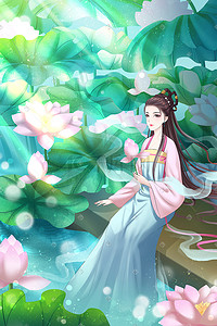 立夏美女插画图片_夏天立夏古风女孩风景