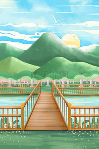 红毯栏杆插画图片_夏天春天景点景区看山水栏杆风景图