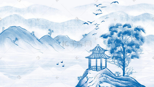 水墨风景图插画图片_中国风古风水墨风青花瓷风格风景图