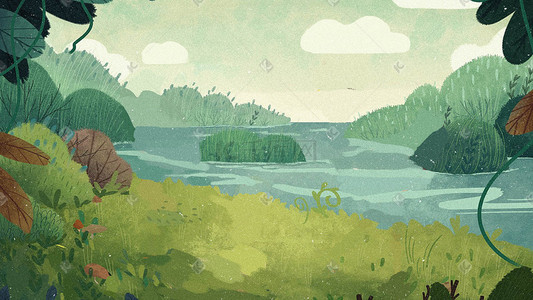夏天春天绿色山林草丛湖边风景插画