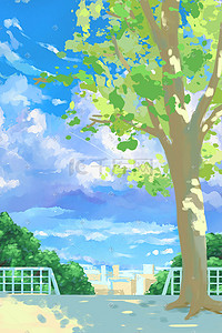 唯美风景天空插画图片_处暑大暑夏天夏至唯美风景天空蓝天云树叶树