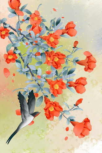 飞落的花瓣图片素材_古风五月榴花燕子落花