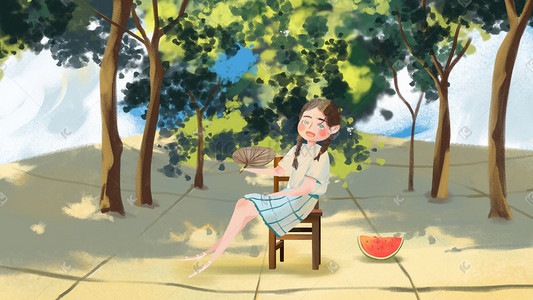 板凳插画图片_夏日夏天树下吃西瓜乘凉女孩