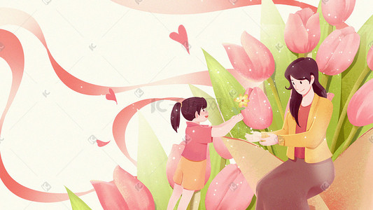 花朵手绘粉色插画图片_母亲节手绘女儿给母亲送花妇女节人物