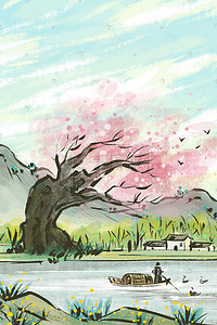 春分山水插画图片_水墨中国风古风主题之山水风景房屋花朵花