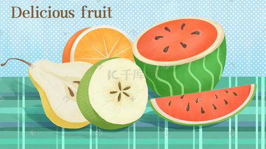 橙子果树插画图片_美味水果西瓜橙子梨