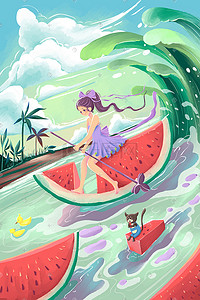 夏天西瓜手绘插画图片_夏天西瓜海洋季手绘插画