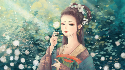 花古代插画图片_中国风汉服美女之唐朝服饰摘花的女子