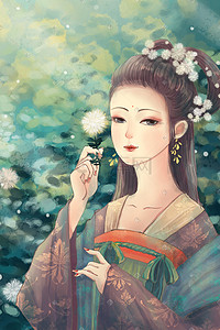 中国风汉服美女之唐朝服饰摘花的女子