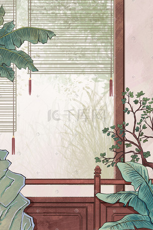 中国风古风中式白描走廊意境风景图