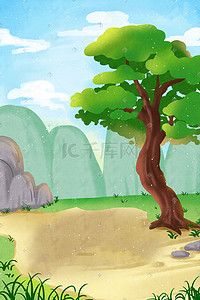 草地远山插画图片_古风小清新植物绿色树木远山场景