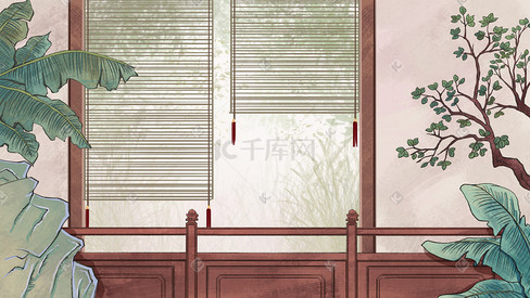 中国风古风中式白描走廊意境风景图