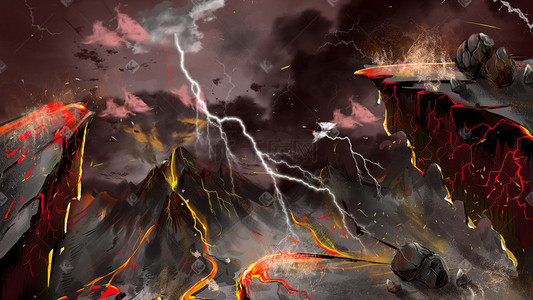 火焰系特效插画图片_夏天打雷游戏场景乌云密布的火山
