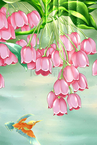 春天景色花鸟美景手绘插画