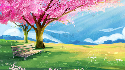 小清新草地樱花树蓝色天空植物景色