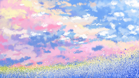 唯美天空草地花海蓝天白云浪漫风景