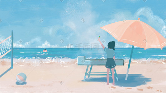 沙滩玩水插画图片_夏天海边游泳烧烤