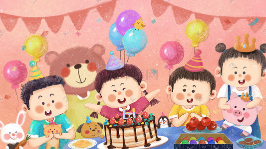 气球蛋糕插画图片_六一儿童节蛋糕大家一起庆祝儿童节场景