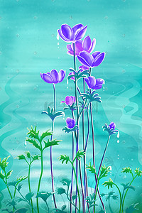 紫色花卉插画图片_ 精美壁纸紫色花卉蓝色水粉风格插画
