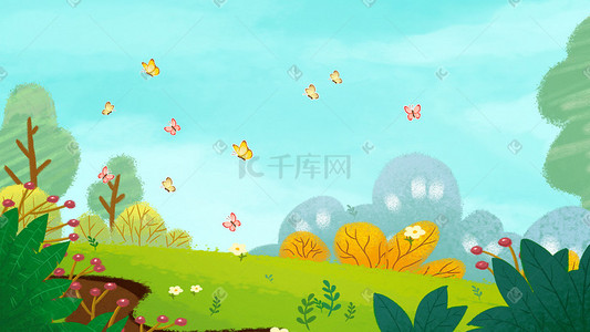 花朵草丛插画图片_小清新草地植物花朵蝴蝶树木夏季景色