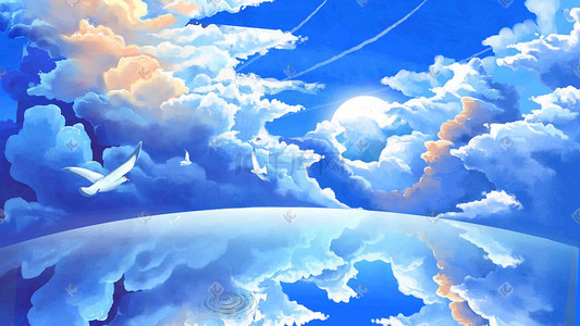 大海云朵背景插画图片_夏天天空蓝天云海太阳鸟治愈背景