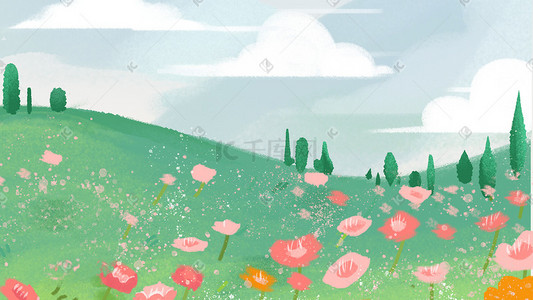 盛开的花朵插画图片_草地上盛开的花朵风景手绘