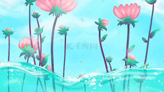 夏季小清新水中花卉厚涂插画壁纸