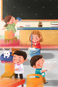 卫生间指引插画图片_儿童节孩子们打扫教室卫生场景