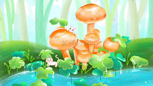 小清新夏季池塘蘑菇植物树林场景