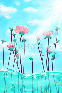 夏季小清新水中花卉厚涂插画壁纸