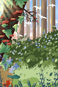 夏季旅行卡通插画图片_旅行风景森林卡通插画