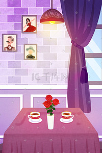 餐厅前台插画图片_烂漫温馨餐厅烛光晚餐情侣背景