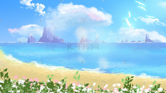 夏季小新清插画图片_夏日海边的风景清新浪漫