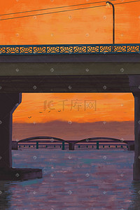 港珠澳大桥插画图片_夕阳下大桥看晚霞风景