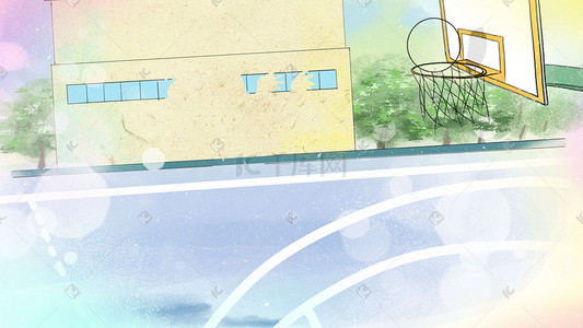夏天操场打篮球日漫风格插画