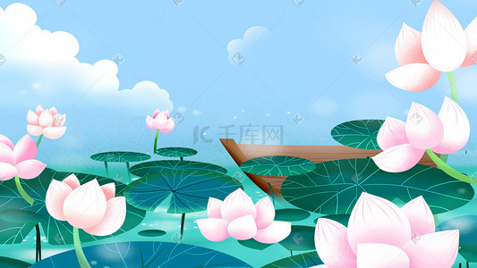 荷叶小船插画图片_小清新夏季池塘荷花荷叶小船唯美治愈景色