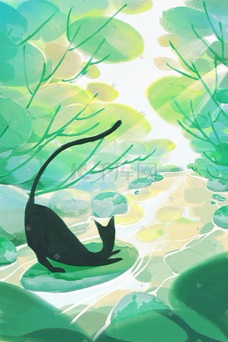 夏天温馨插画小溪绿荫下的小猫咪