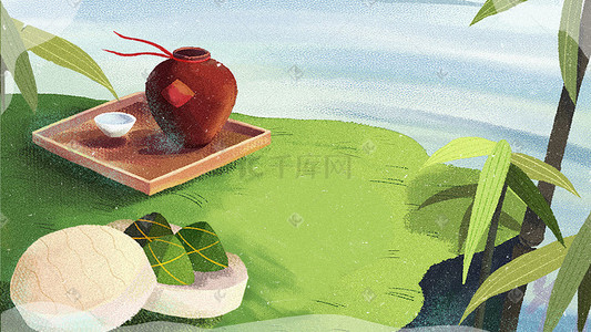 手绘美食粽子插画图片_小清新传统节日端午美食粽子手绘酒场景