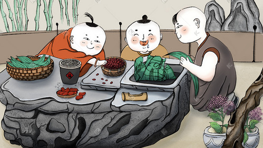页面长图插画图片_中国风端午节包粽子宣传图端午