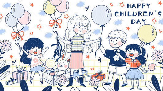 六一儿童节线描小朋友庆祝插画