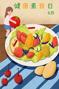 健康素食日创意轻食沙拉插画